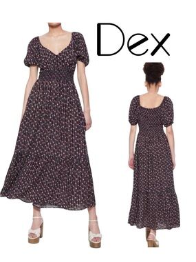 DEX smocked waist tiered maxi dress in black pattern and floral pattern